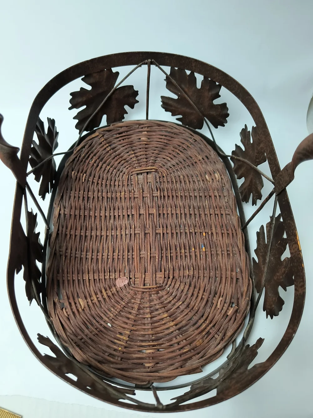 Rustic Brown Leaf Metal Basket with Handle - Farmhouse Centerpiece